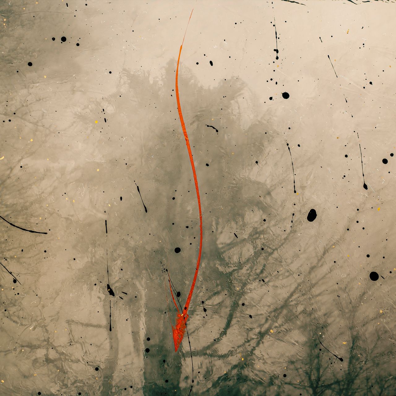 Abstract album cover featuring a muted, textured background with splashes of black and gold, and a prominent red streak running vertically through the center.