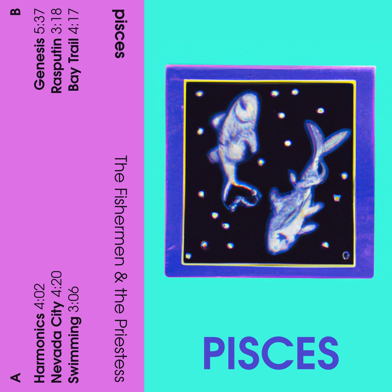 An album cover featuring two fish illustrated in a colorful, surreal style on a dark background. The title "PISCES" is prominently displayed at the bottom in bold, vibrant letters. The left side lists track titles and their durations in a contrasting color scheme.