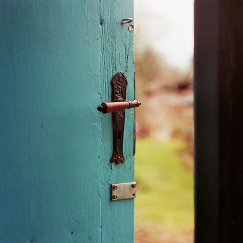 Image of a partially open turquoise door with a decorative handle, revealing a blurred green background.